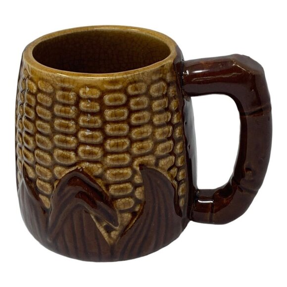 Vintage Majolica Corn Mug Set Signed Occupied Japan Brown Yellow Pottery Ceramic - Picture 9 of 12